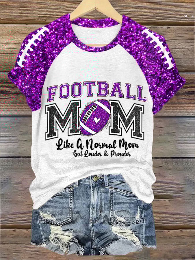 Women's Glitter Football Print Football Mom Gameday Casual Tee