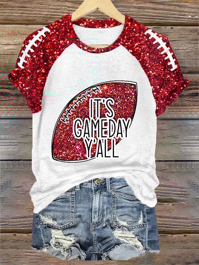 Women's It's Gameday Y'all Glitter Print Football Fans Gameday Casual Tee